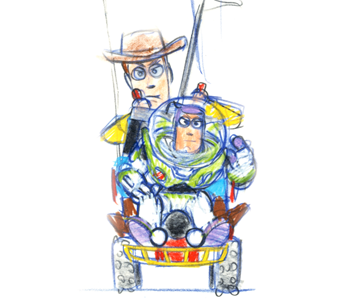 A drawing of two people in a toy carAI-generated content may be incorrect.