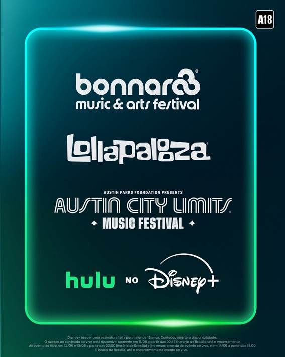 O HULU NO DISNEY+ TRANSMITIRÁ AO VIVO, DIRETAMENTE DOS ESTADOS UNIDOS, OS FESTIVAIS DE MÚSICA BONNAROO, LOLLAPALOOZA E AUSTIN CITY LIMITS